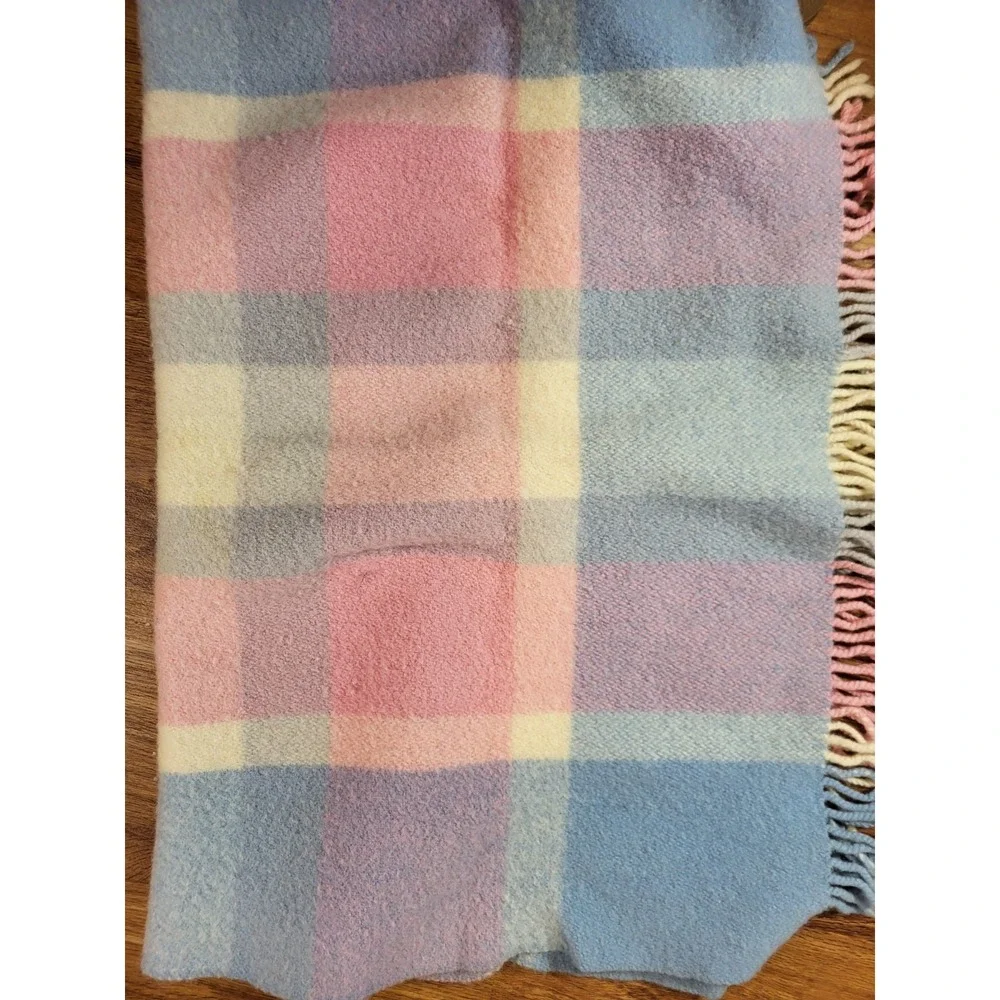 Otterburn Mill Pram Blanket - 1960s - 100% Pure New Wool - Tartan Blue Pink
